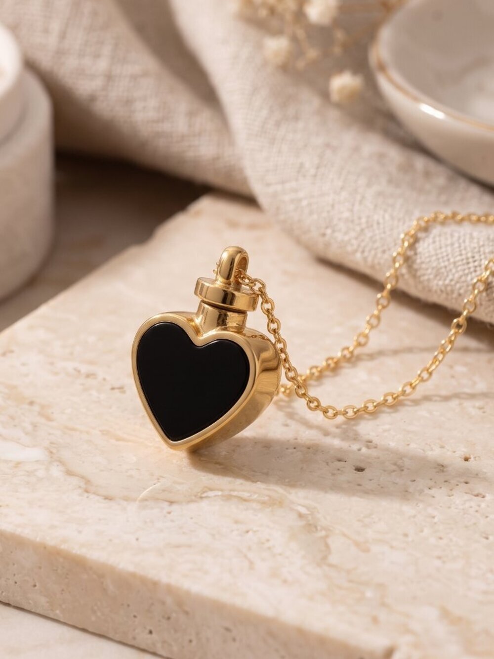18K Gold Plated Reversible Heart Mother of Pearl Necklace Black White Coquette